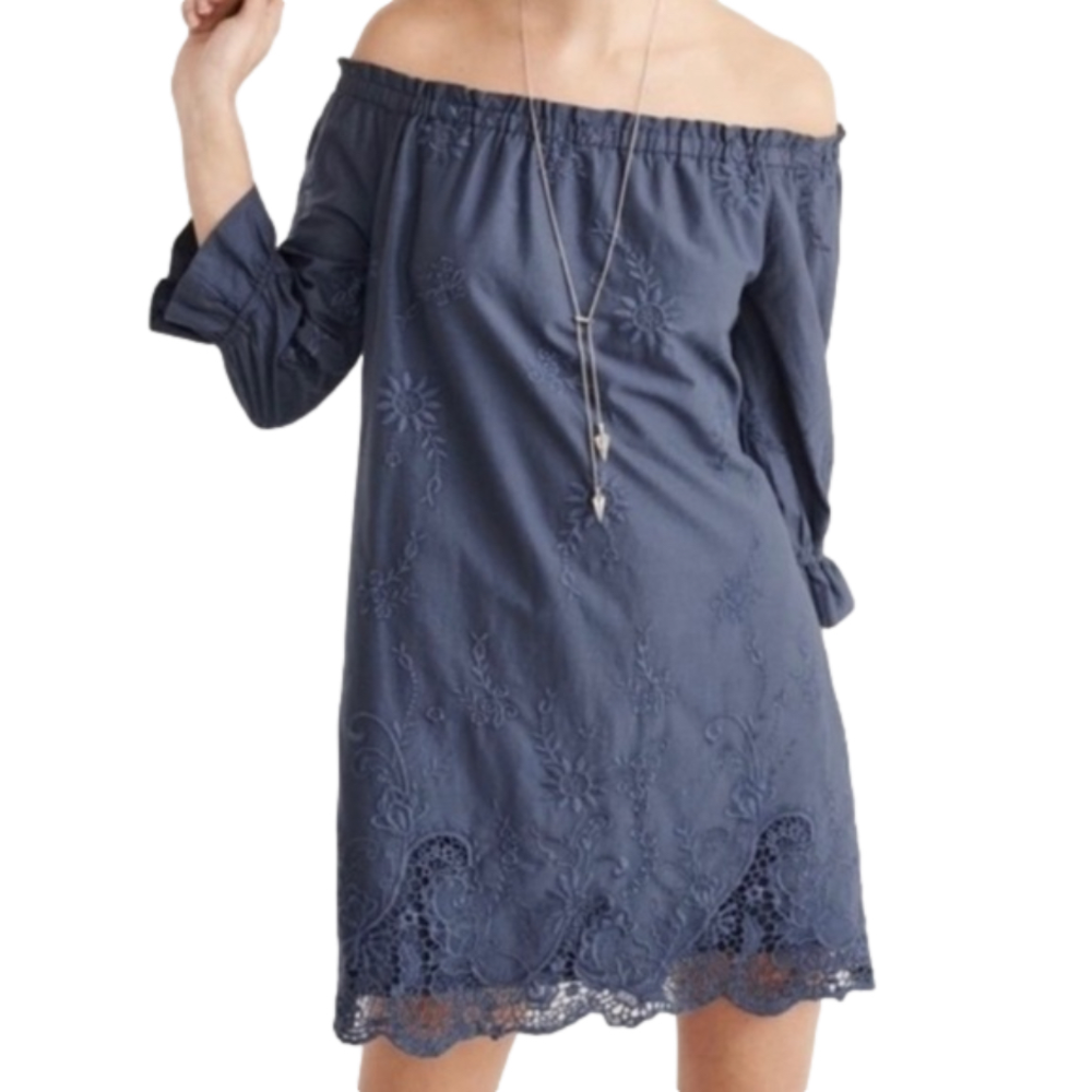 Vintage Abercrombie & Fitch Blue Off the Shoulder Dress Embroidered Size M Y2K